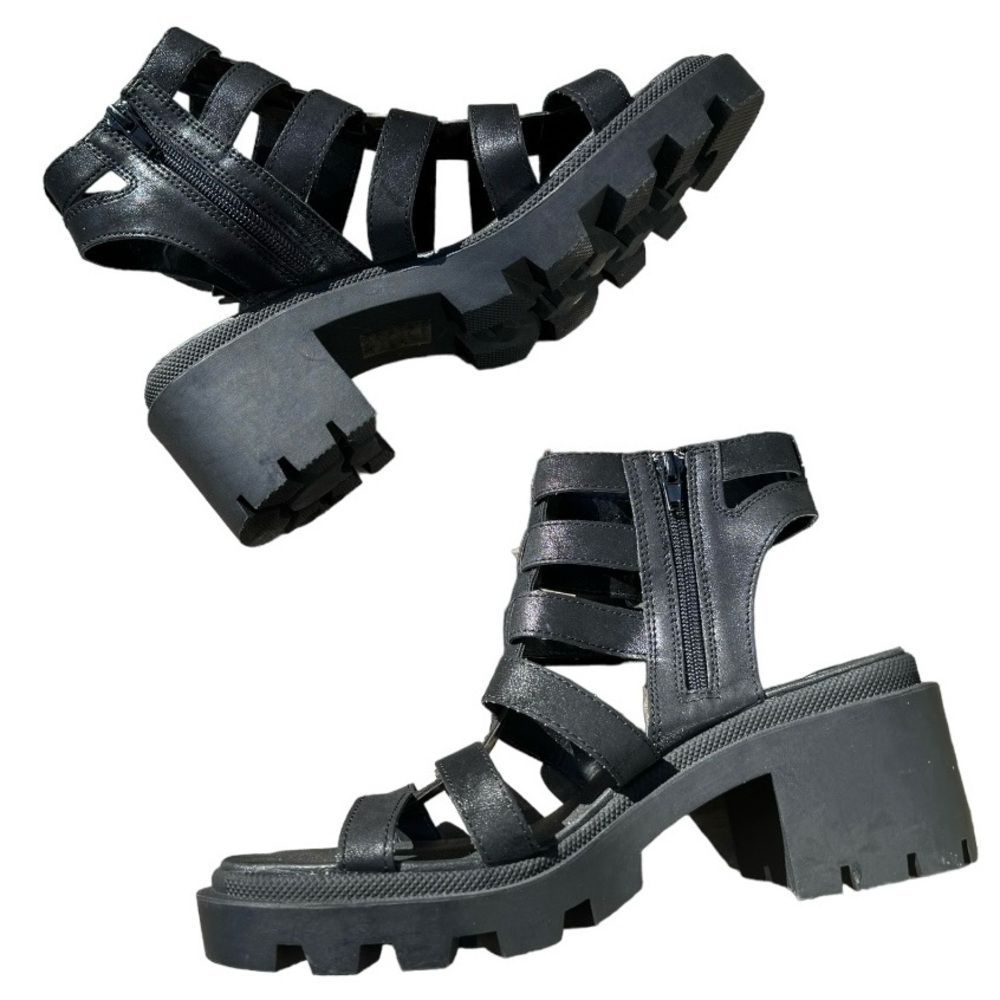 Y2K Pop, Black, Vegan Leather Sundress Gladiator Lug Sole, Buckle Sandal